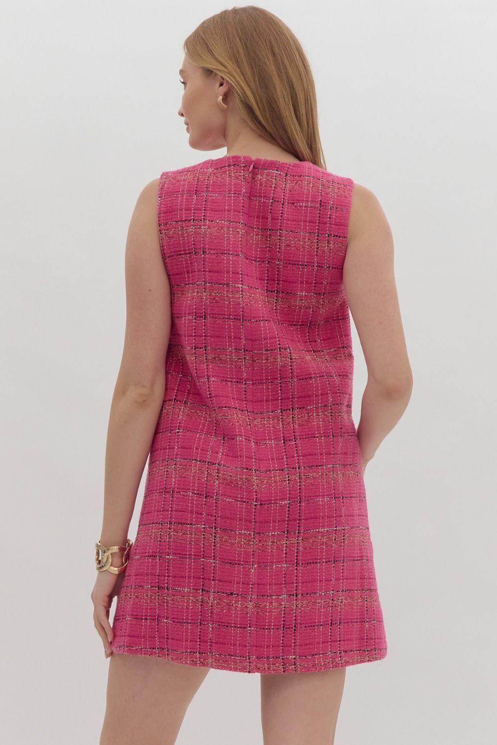 Pink Tweed Scalloped Side Buttons Dress  Trs Chic Boutique