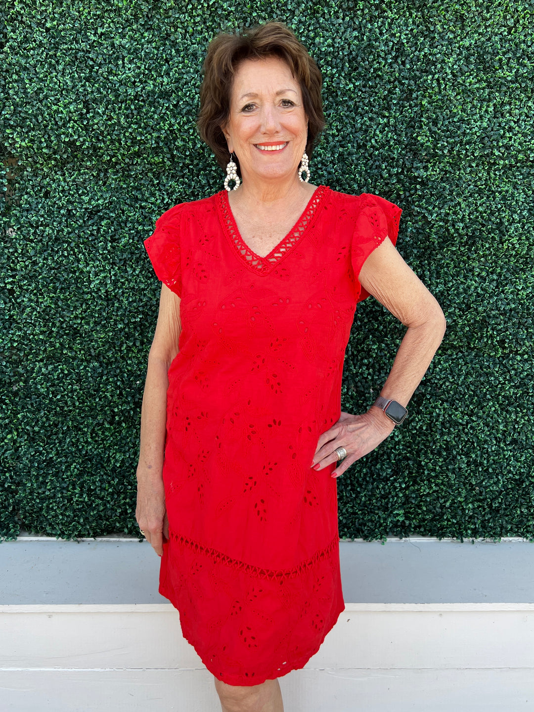 Red Eyelet Flutter Sleeve Dress | Made in Italy Red Eyelet Flutter Sleeve Dress | Made in Italy