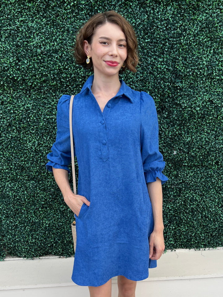 Blue Corduroy Long Sleeve Dress