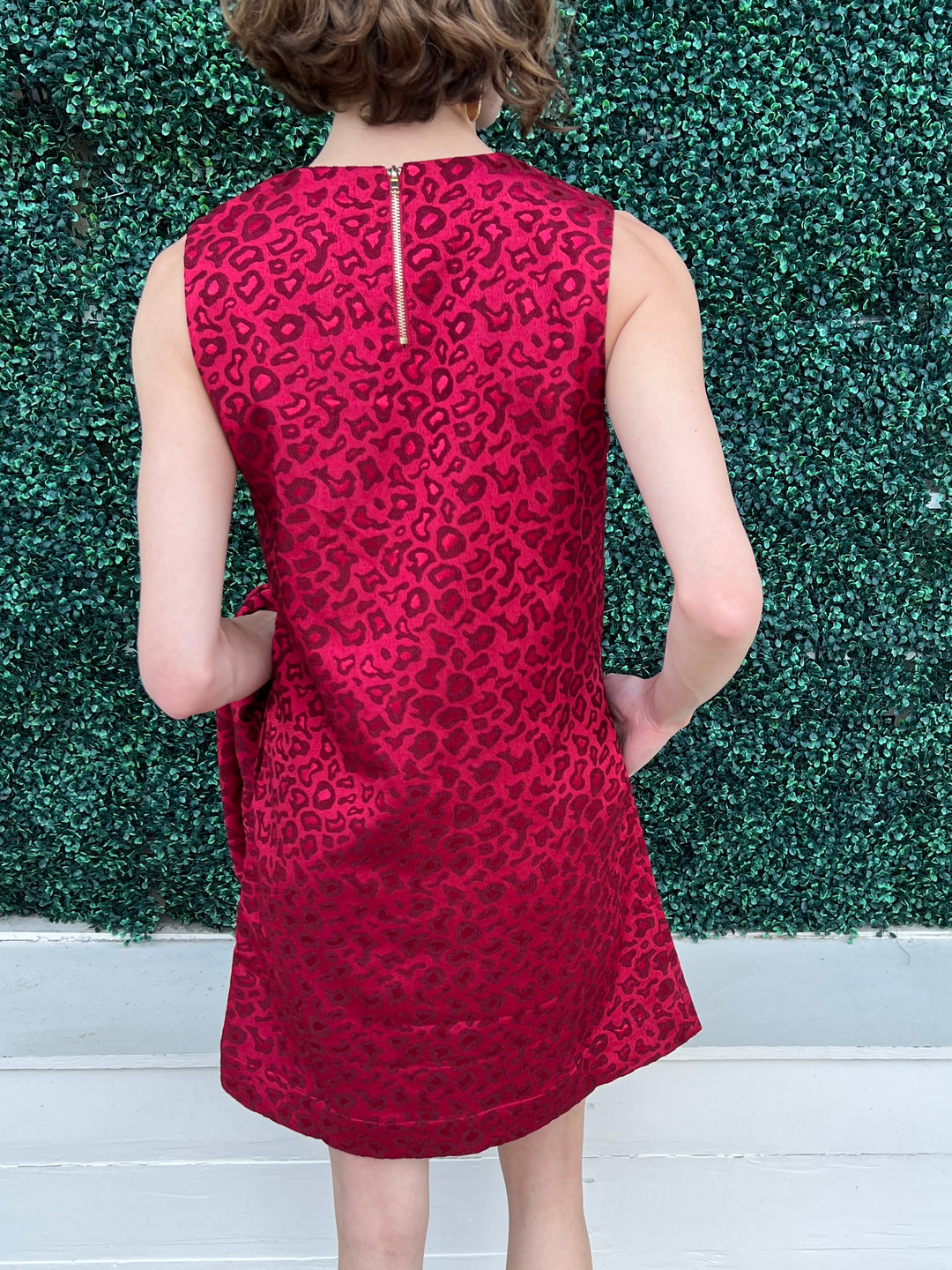 Red Brocade Cheetah Shift Dress Burgundy / S