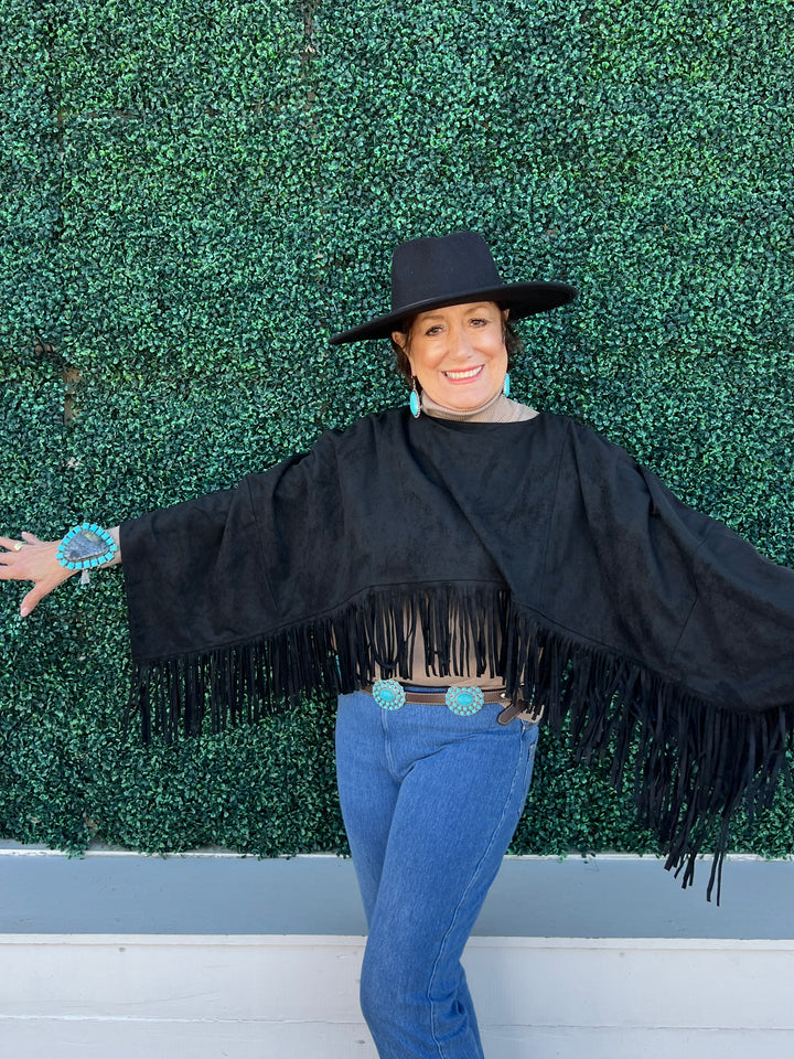 Faux Suede Fringed Capelet