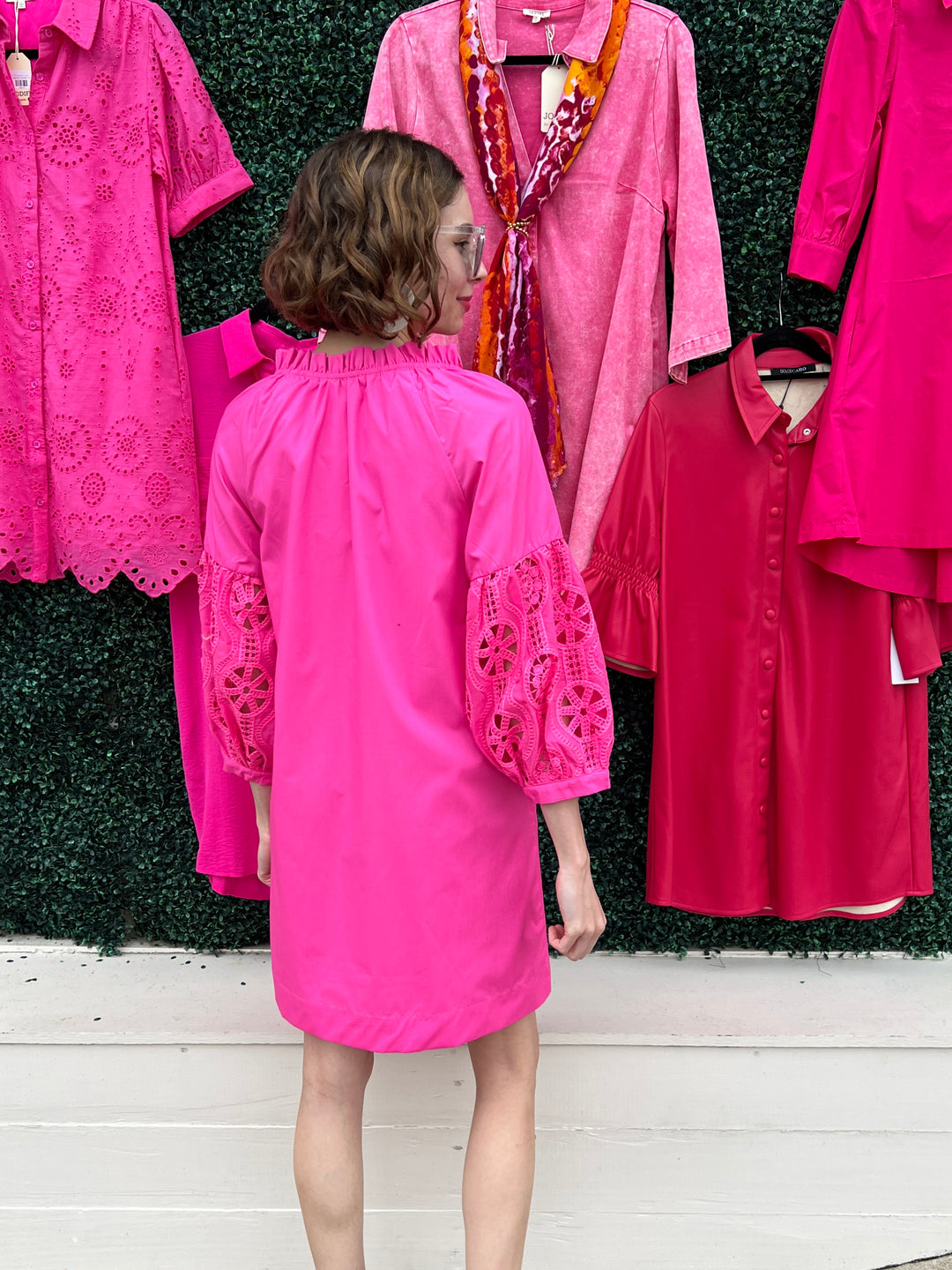 Unique Sleeve Hot Pink Long Sleeve Dress