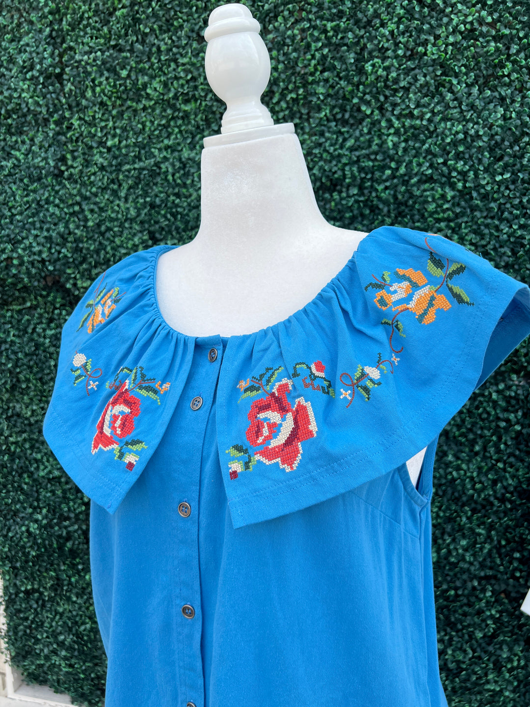 Bib Collar Floral Turquoise Embroidered Dress