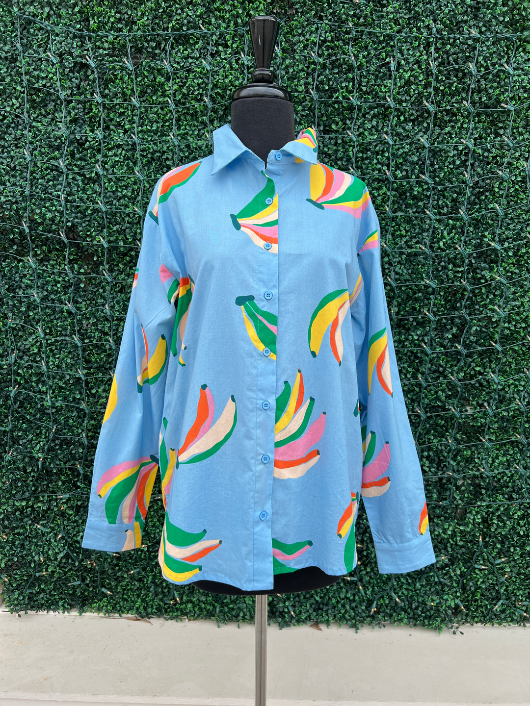 banana print cotton button up long sleeve womens online boutique blue orange pink green and yellow