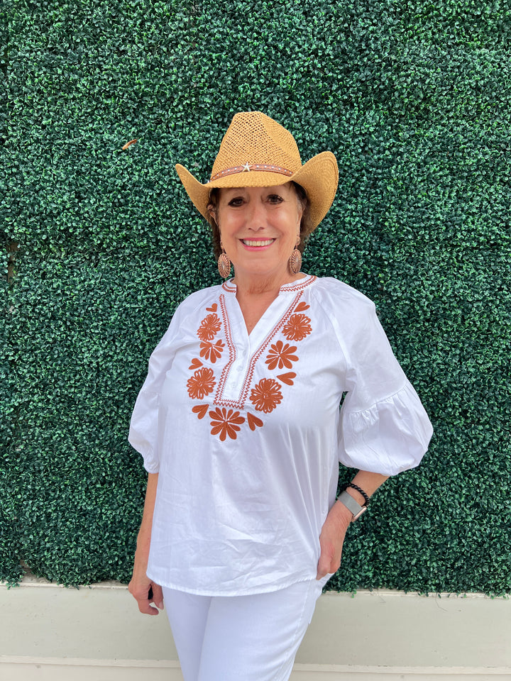 Cotton Embroidered Bishop Sleeve Blouse