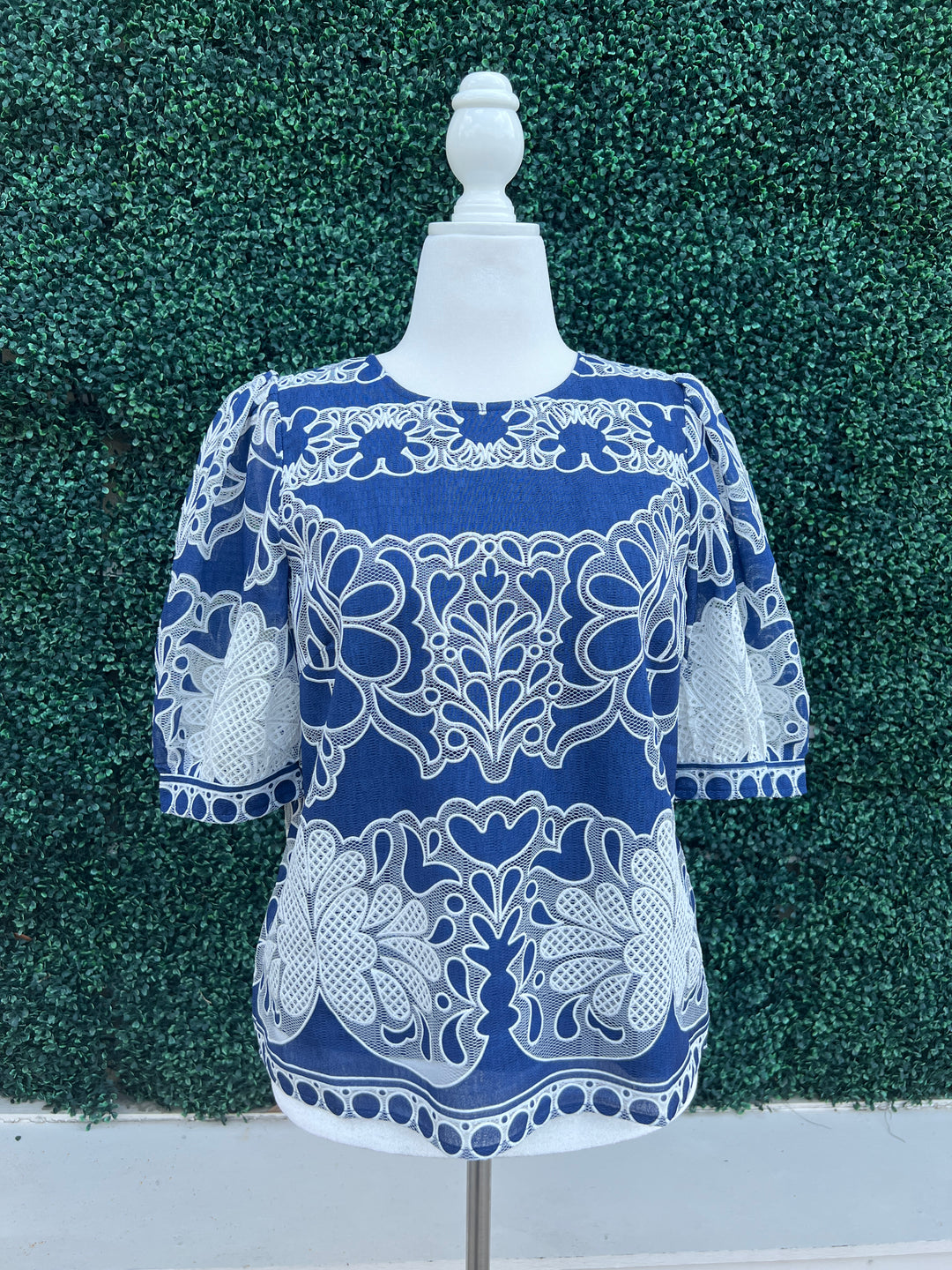 Navy and White Lace Blouse