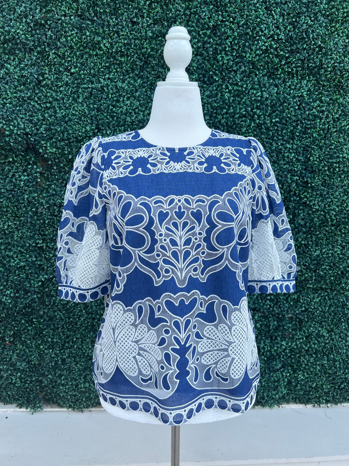 Navy and White Lace Blouse
