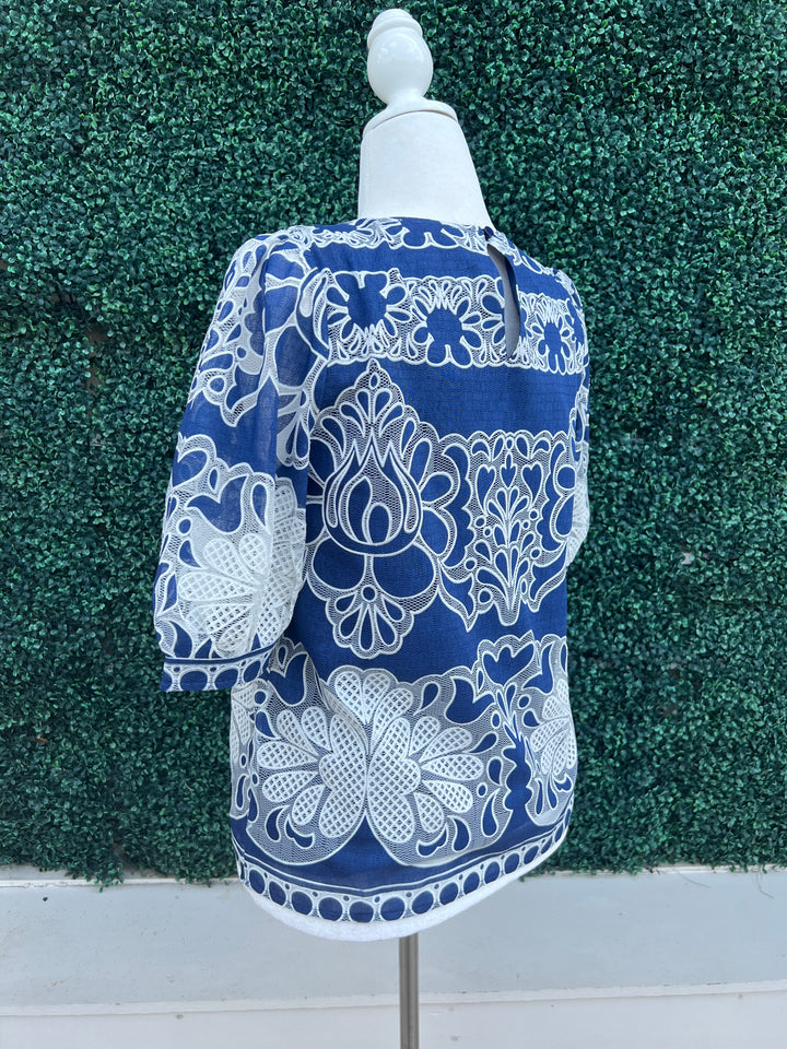 Navy and White Lace Blouse
