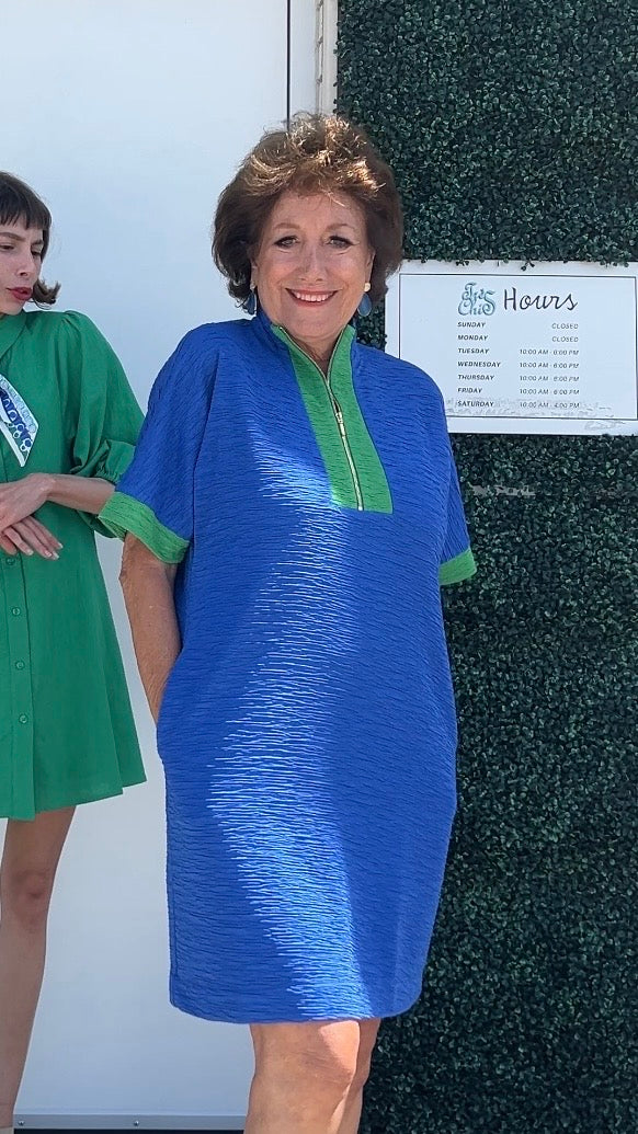 Blue Textured Dress with Green Trim Blue / S