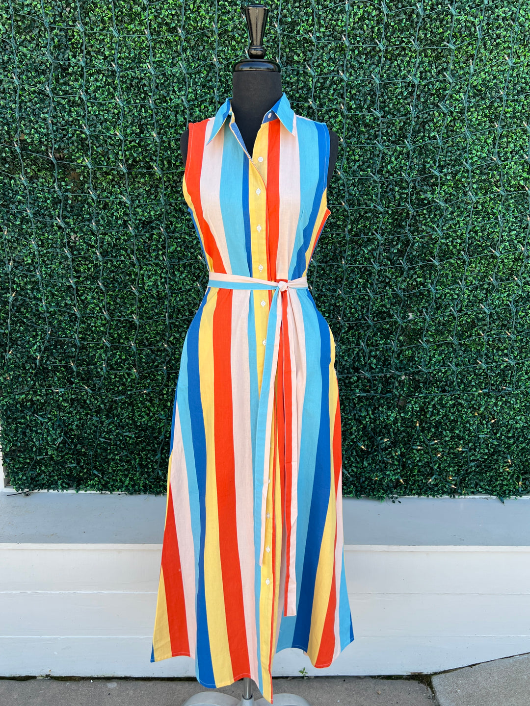 rainbow hroizontal stripe maxi dress 100% cotton womens online boutique button up