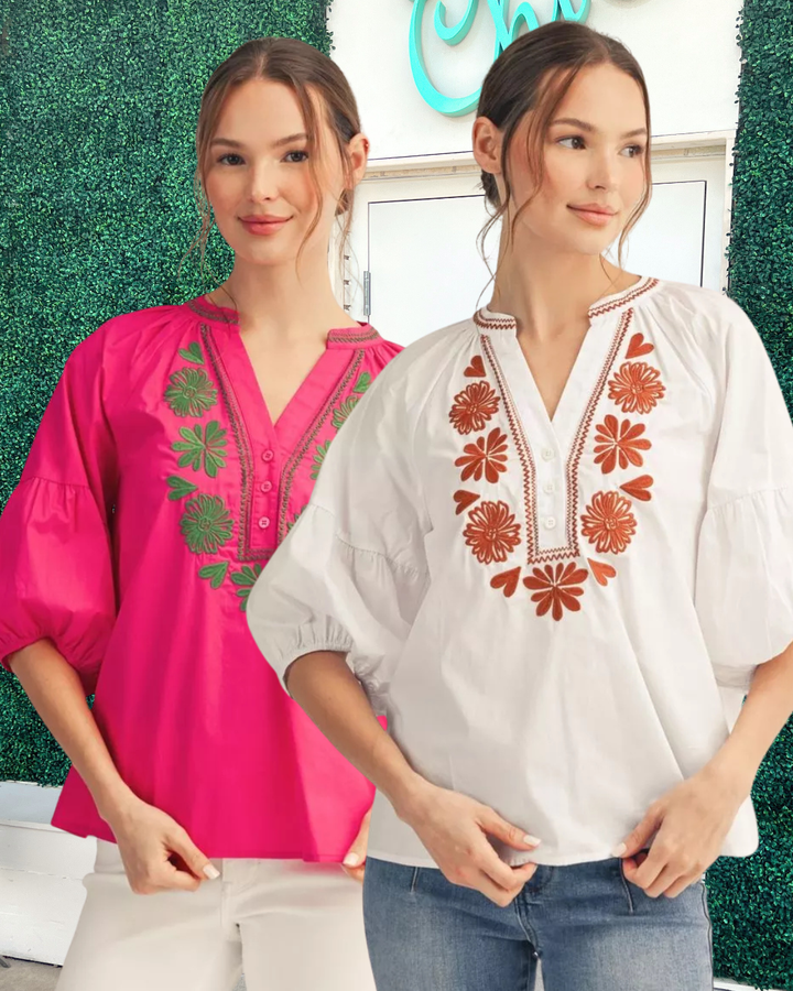Cotton Embroidered Bishop Sleeve Blouse