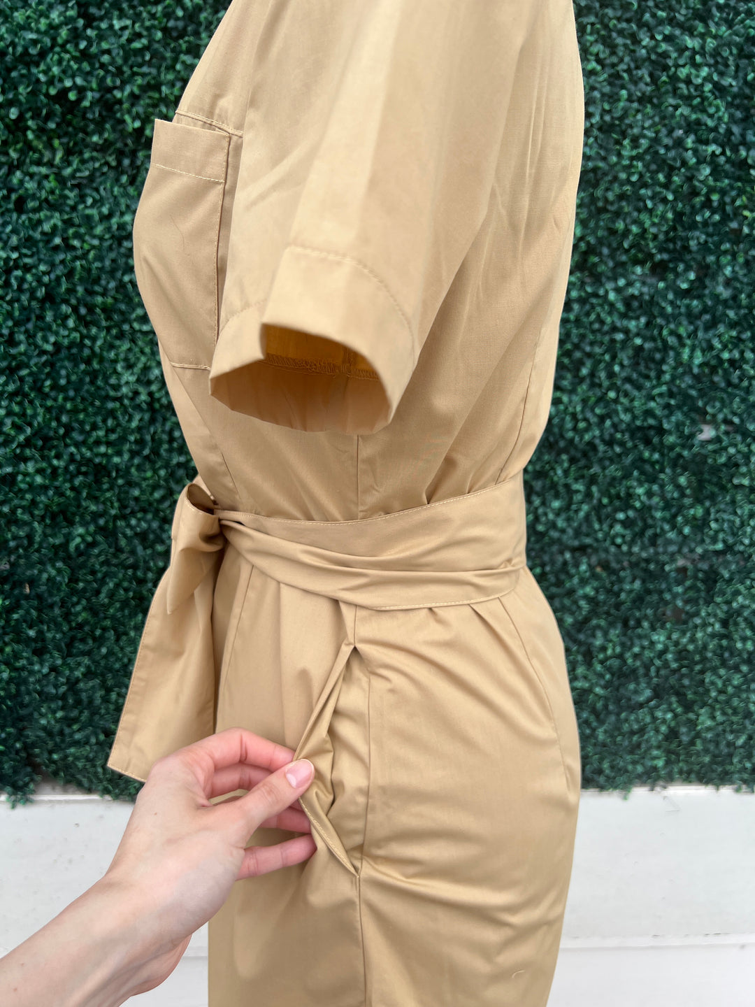 Khaki Fitted Midi Dress Boutique for Women Over 50 pockets