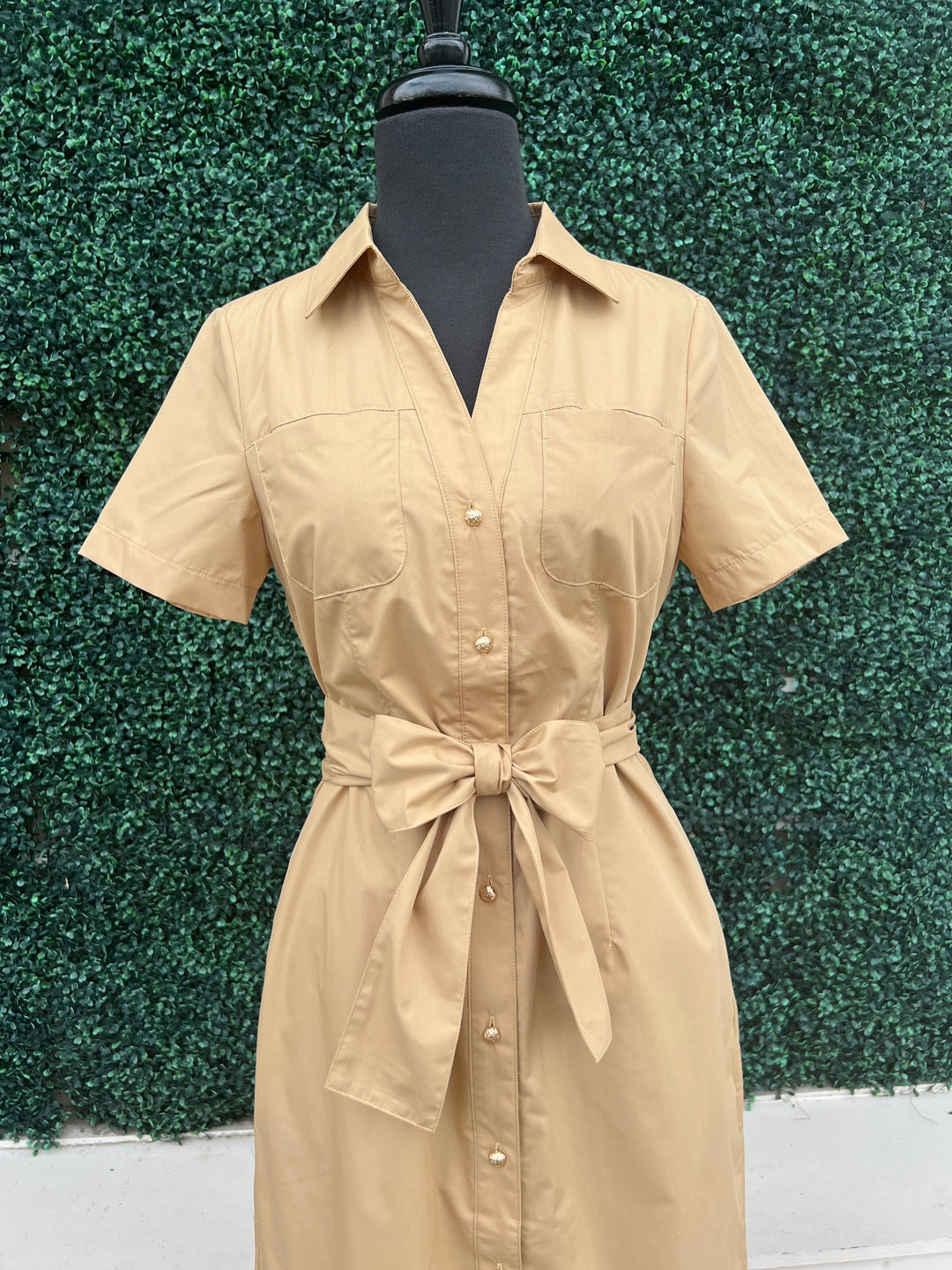Khaki Fitted Midi Dress Boutique for Women Over 50 pockets front