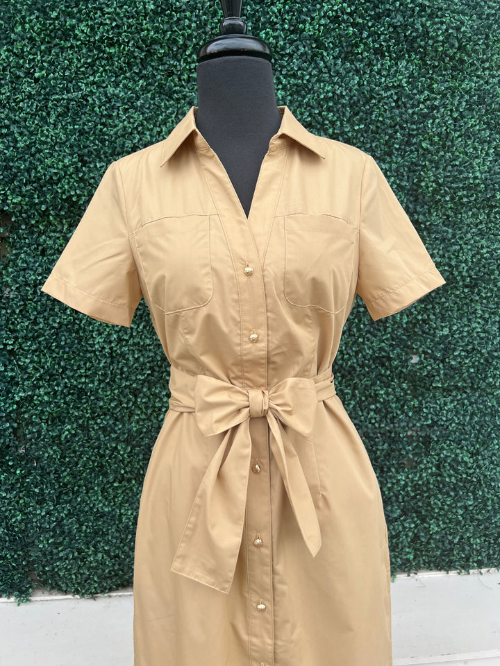 Khaki Fitted Midi Dress Boutique for Women Over 50 pockets front