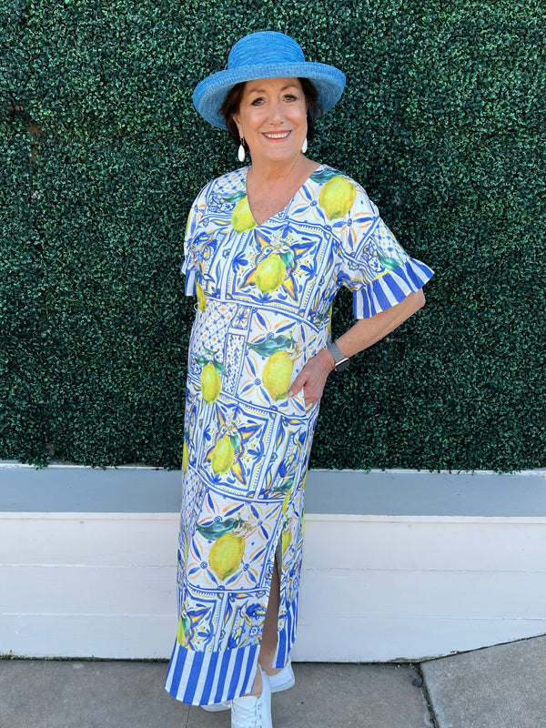 Lemon and Blue Print Maxi Dress | Easter Summer Dresses