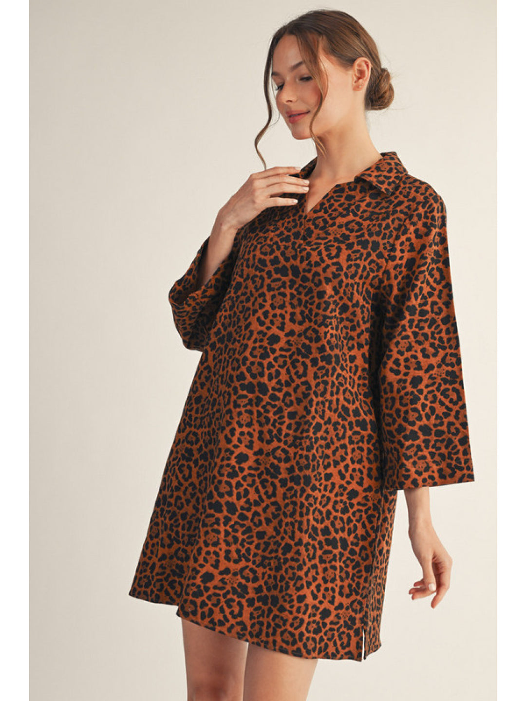 Leopard Print Bell Sleeve Dress Jodifl Women's Boutique v neck 3/4th sleeve