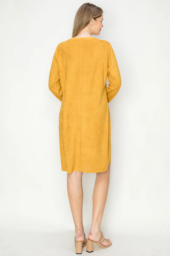 Long Sleeve Faux Suede Sheath Dress mustard