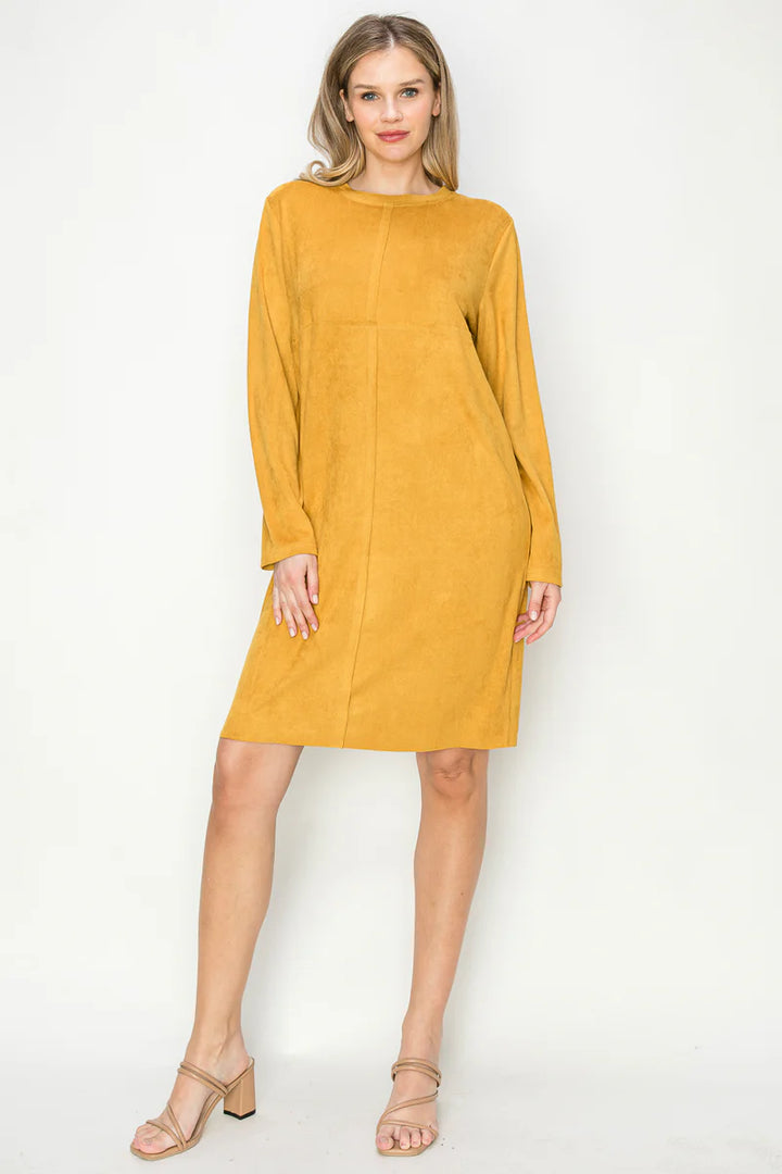 Long Sleeve Faux Suede Sheath Dress mustard gold knee length