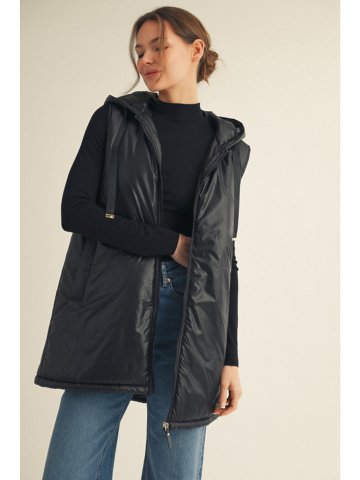 Long thin black Hooded Puffer Vest Jodifl Women's Boutique 