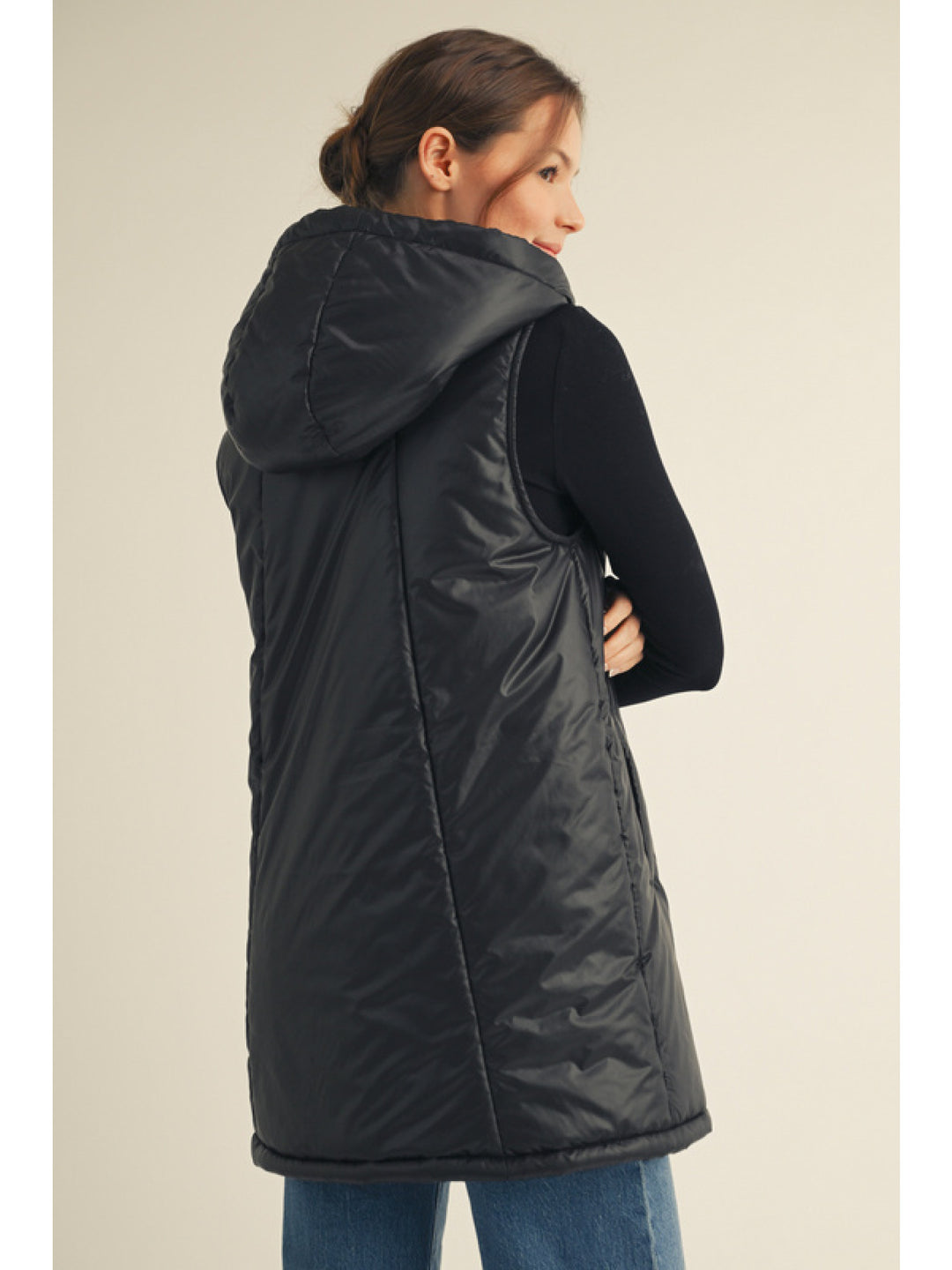 Long thin black Hooded Puffer Vest Jodifl Women's Boutique 