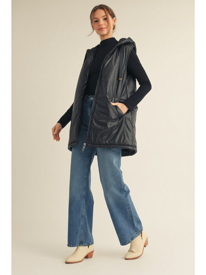 Long thin black Hooded Puffer Vest Jodifl Women's Boutique 