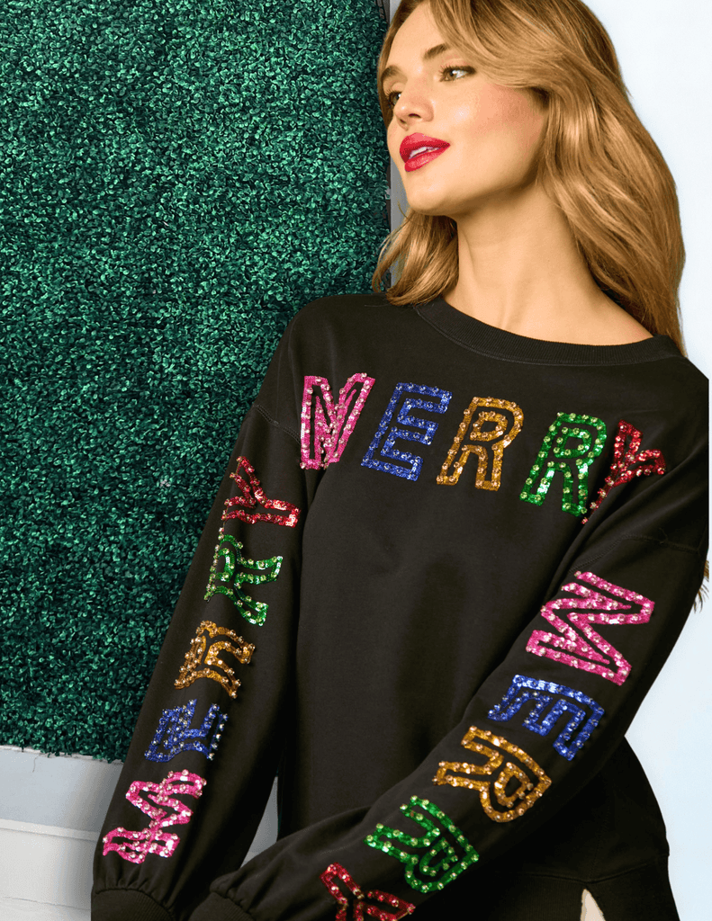 Sequin "MERRY" Sweatshirt | Fantastic Fawn | Women's Boutique – Très Chic Boutique - View #9