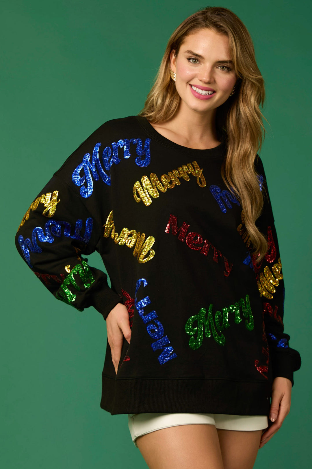 "Merry" Sequin Sweatshirt Christmas Ugly Sweater Gift Ideas queen of sparkles