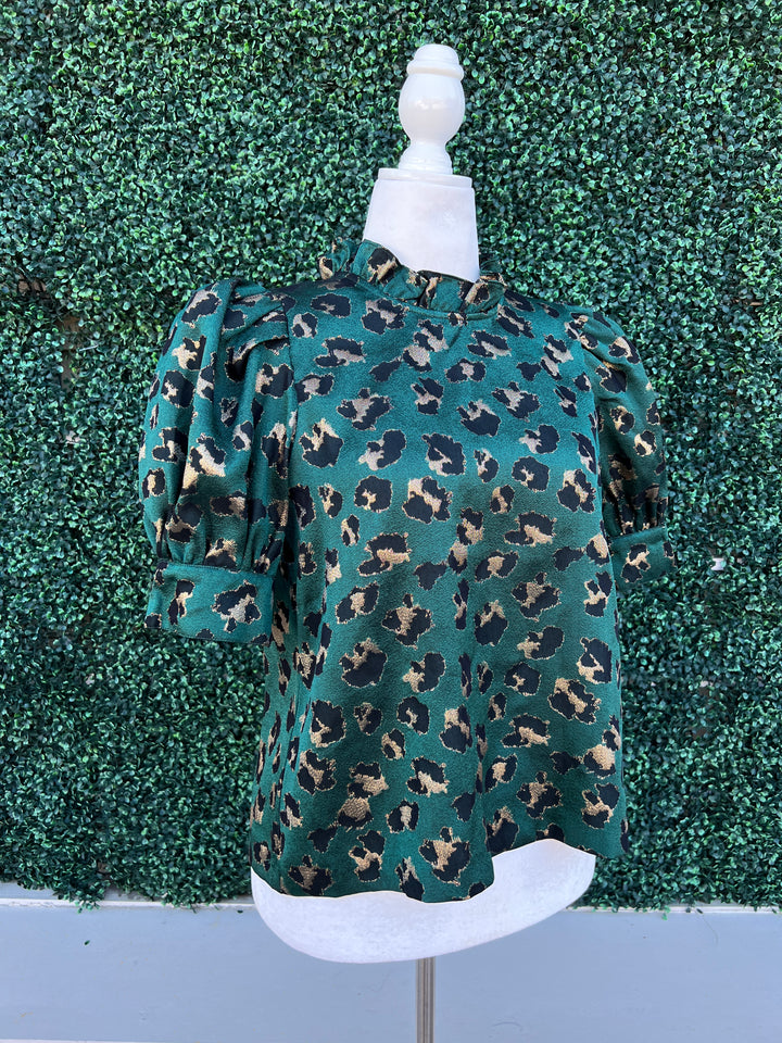 Metallic Green Gold Cheetah Print Blouse