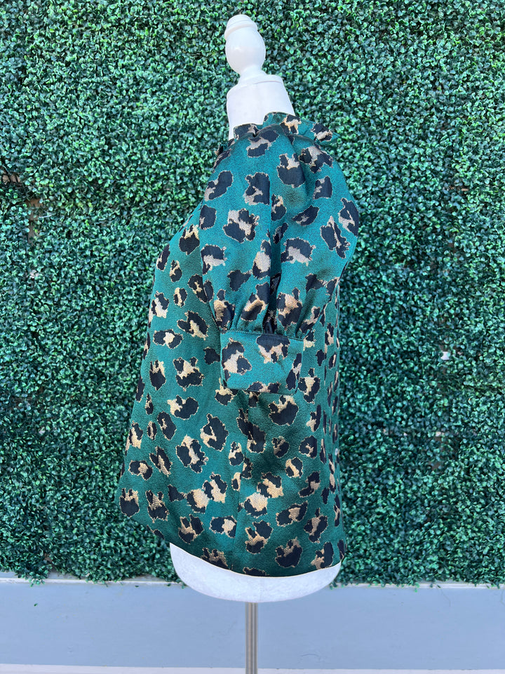 Metallic Green Gold Cheetah Print Blouse puff sleeves
