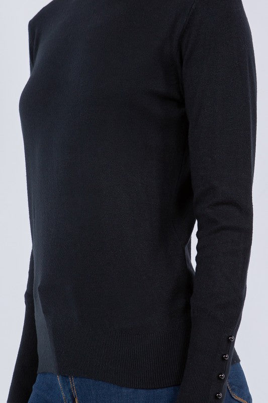 Mock Neck Sweater buttons at wrists Winter Elevated Basics black