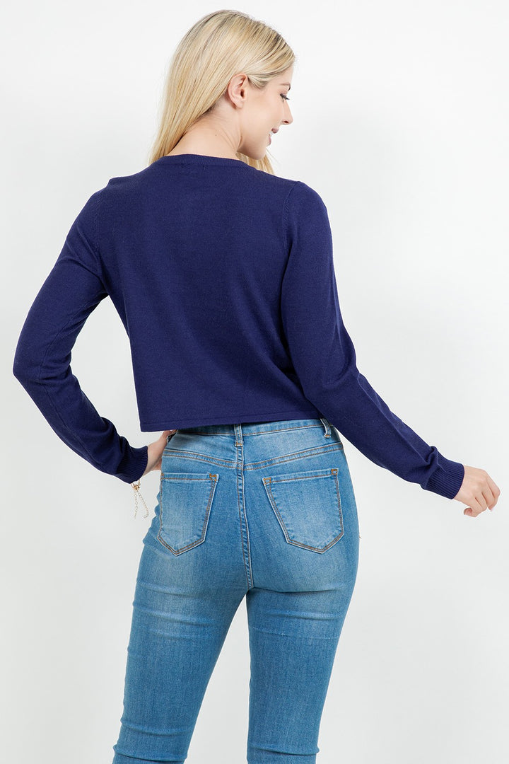 Navy Short Boxy Cardigan Sweater Winter Basics Women's Boutique 