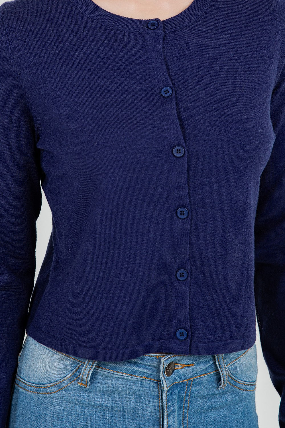 Navy Short Boxy Cardigan Sweater Winter Basics Women's Boutique Houston