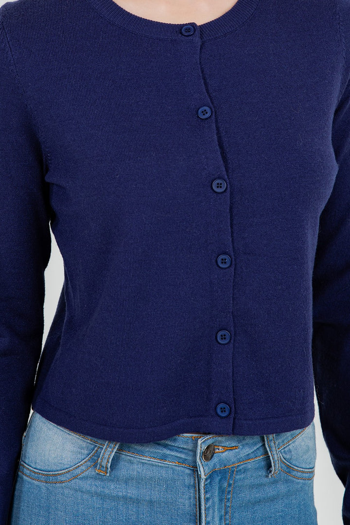 Navy Short Boxy Cardigan Sweater Winter Basics Women's Boutique Houston