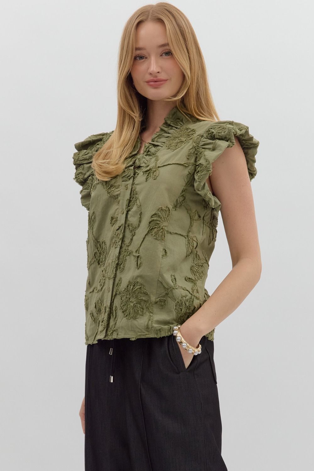 Olive Appliqué Flutter Sleeve Blouse | Entro | Affordable Boutique ...