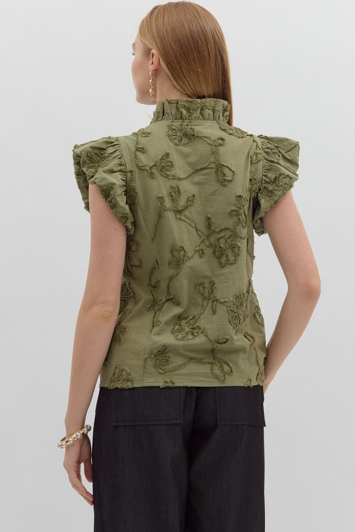 Olive Appliqué Flutter Sleeve Blouse Entro Affordable Boutique tres chic houston