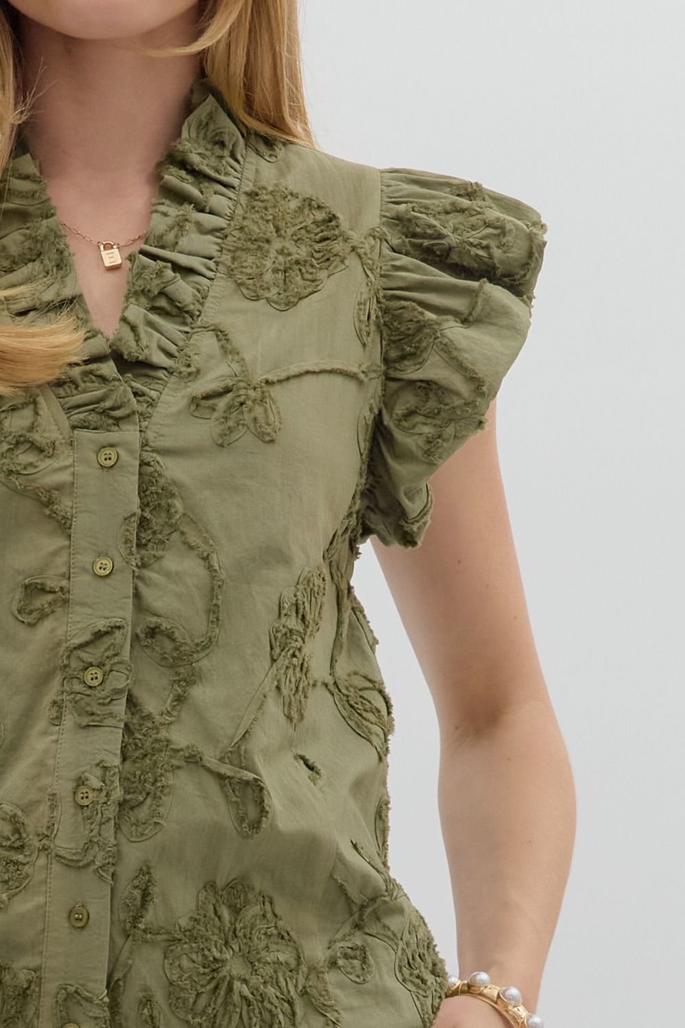 Olive Appliqué Flutter Sleeve Blouse Entro close up