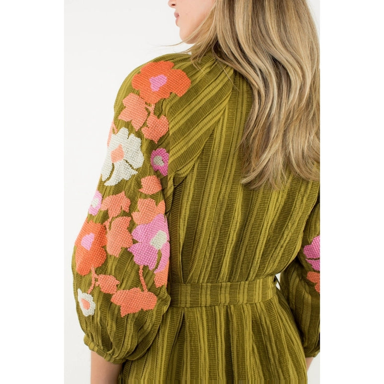 Olive & Coral Embroidered Midi Dress | Dress That Cover Knees & Arms Olive / M Olive & Coral Embroidered Midi Dress | Dress That Cover Knees & Arms Olive / M