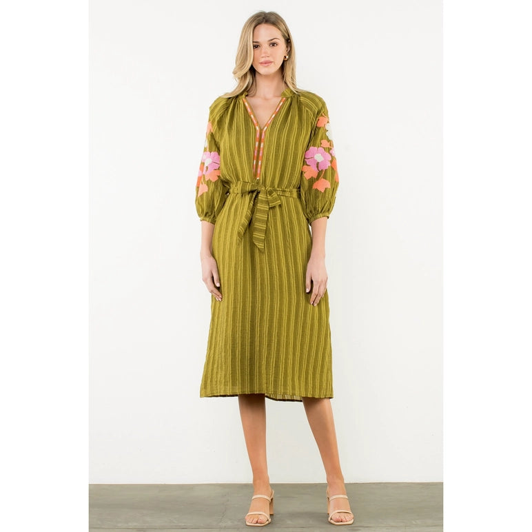 Olive & Coral Embroidered Midi Dress | Dress That Cover Knees & Arms Olive / M Olive & Coral Embroidered Midi Dress | Dress That Cover Knees & Arms Olive / M
