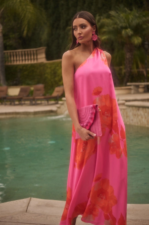 Glena Floral One Shoulder Maxi Dress PINK-ORG-MUL / M