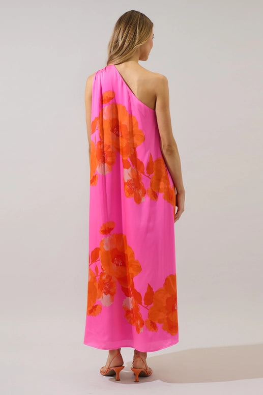 One Shoulder Pink & Orange Maxi Dress satin resort wear