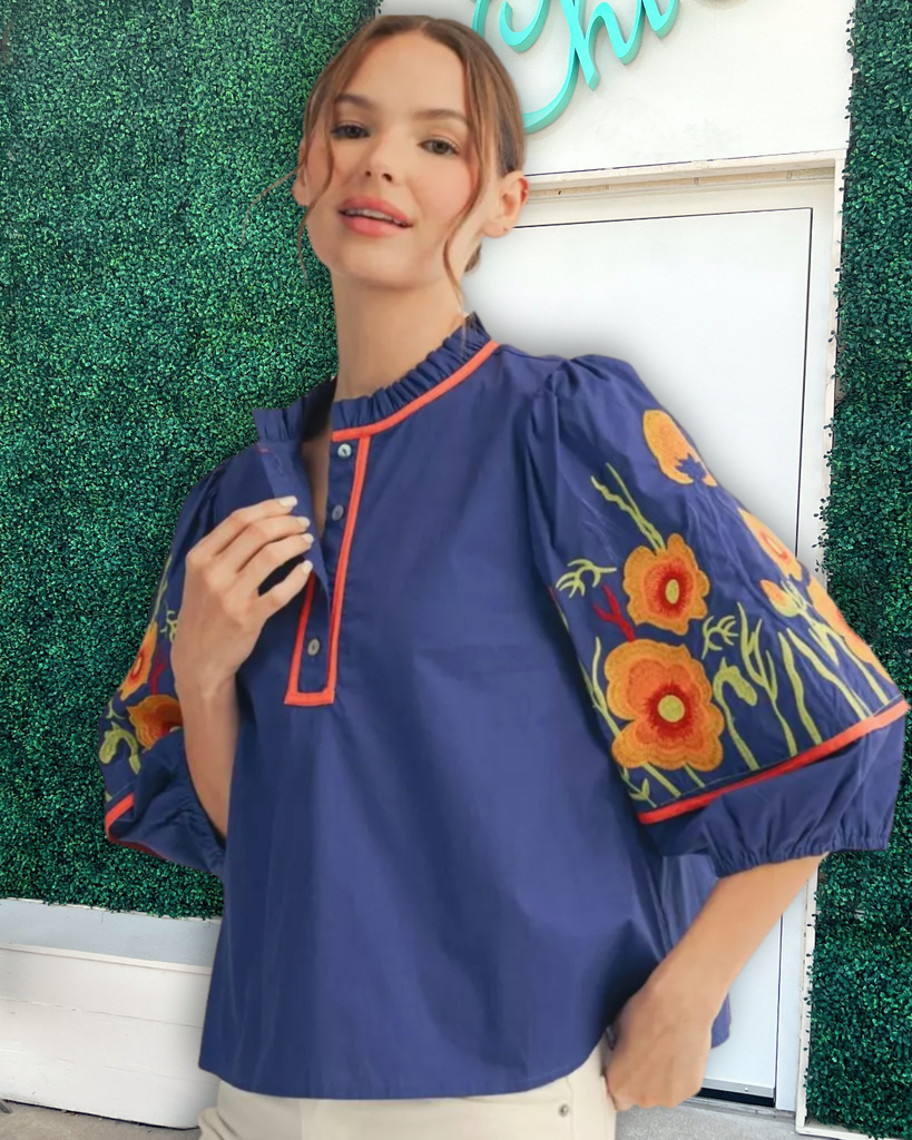 Orange Floral Royal Blue Blouse | Jodifl | Colorful Women's