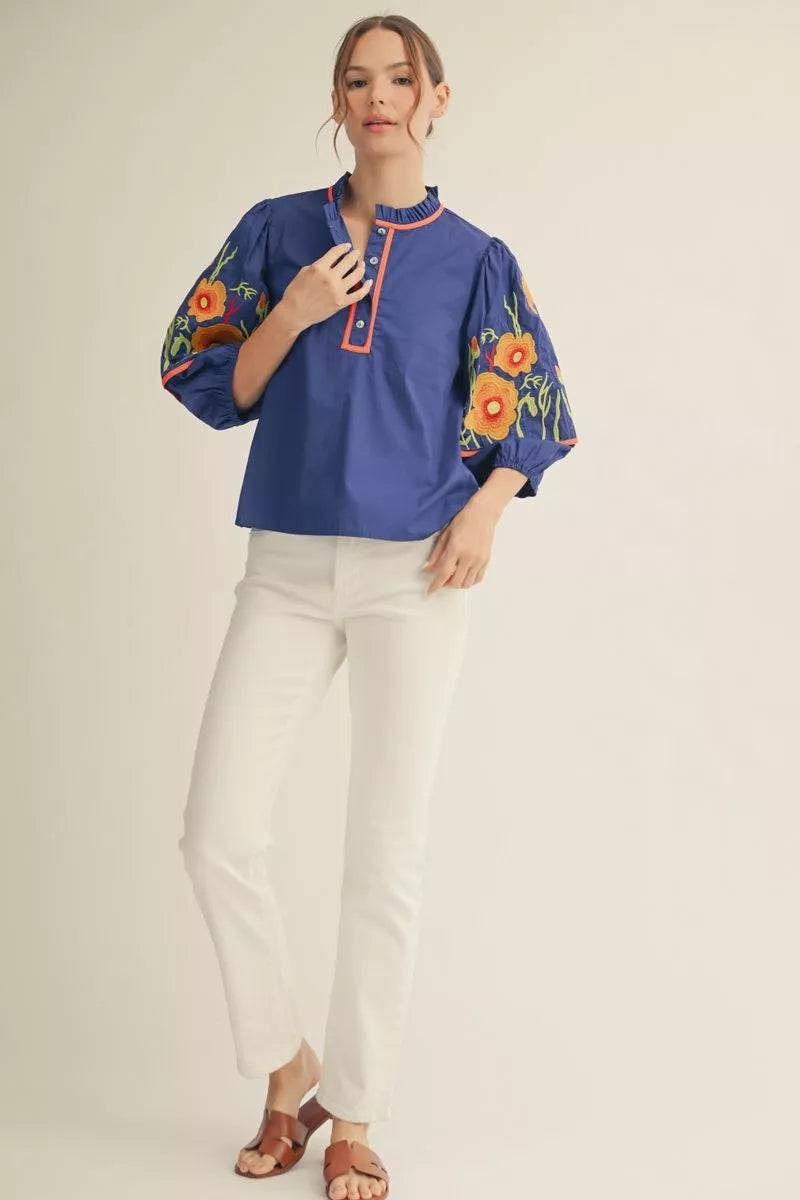 Orange Floral Royal Blue Blouse | Jodifl | Colorful Women's
