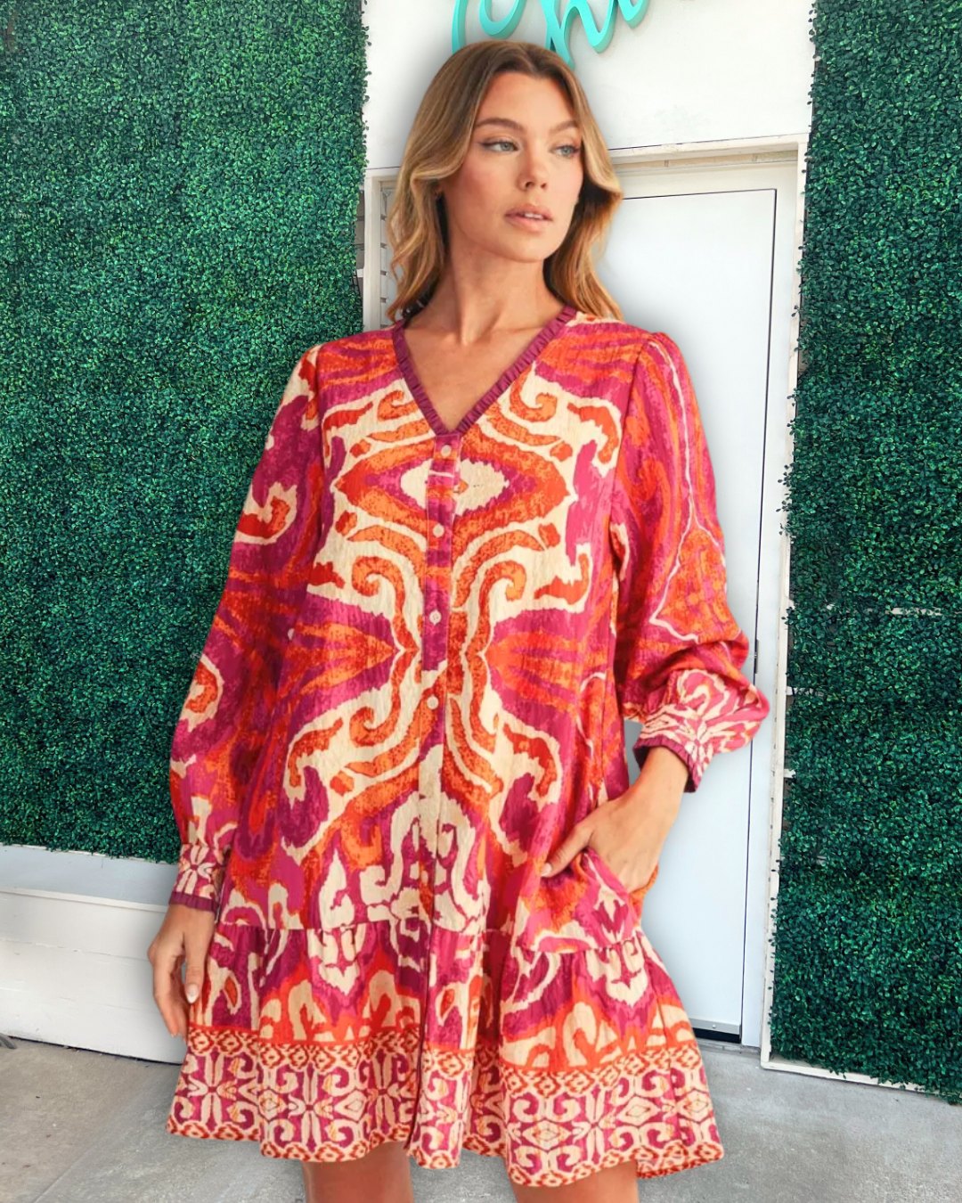 Orange & Pink Print Dress | Jodifl | Lightweight Ruffle Hem Dress Magenta / S Orange & Pink Print Dress | Jodifl | Lightweight Ruffle Hem Dress Magenta / S