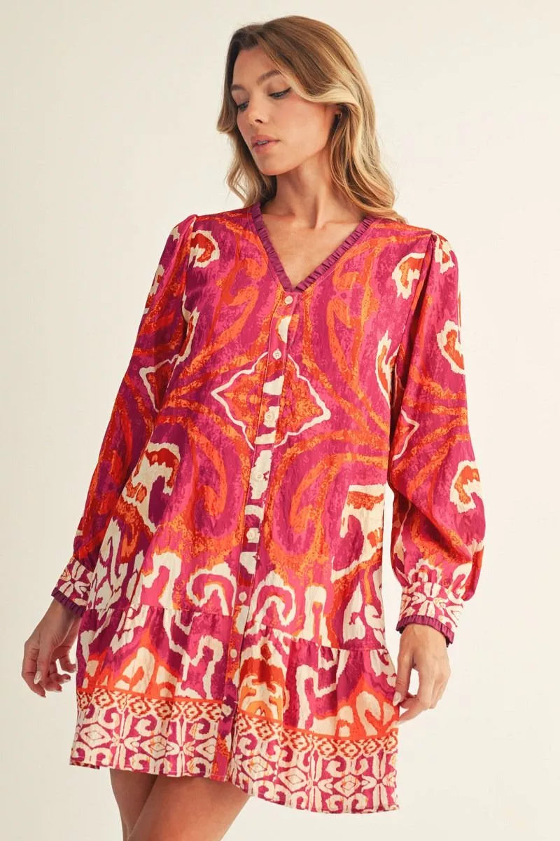 Orange & Pink Print Dress | Jodifl | Lightweight Ruffle Hem Dress Magenta / S Orange & Pink Print Dress | Jodifl | Lightweight Ruffle Hem Dress Magenta / S