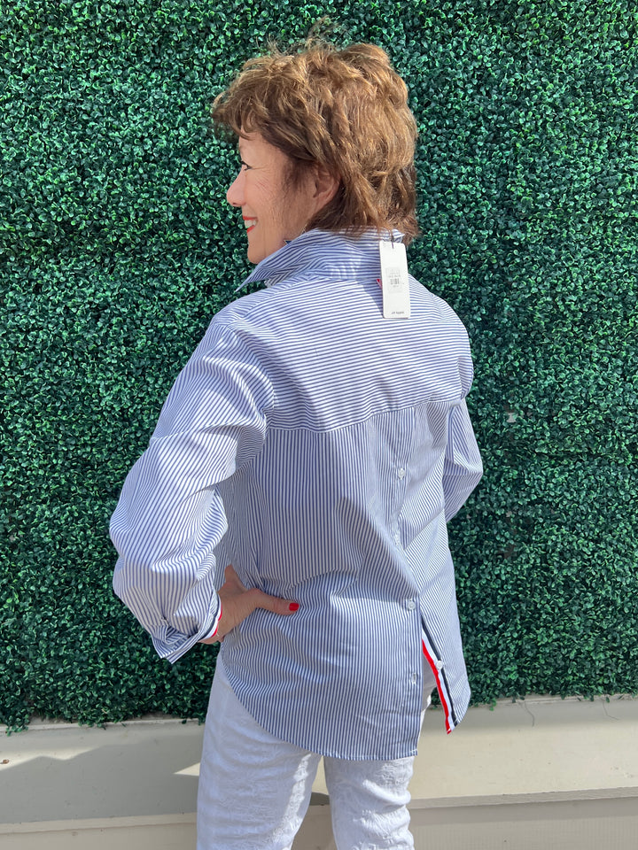 Patriotic Button Up red white blue trim