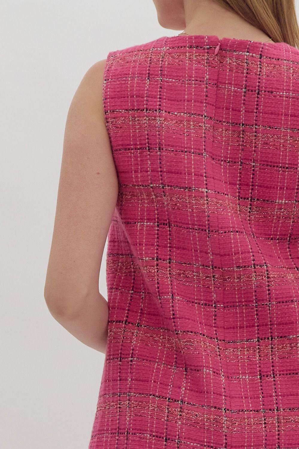 Pink Tweed Scalloped Side Buttons Dress