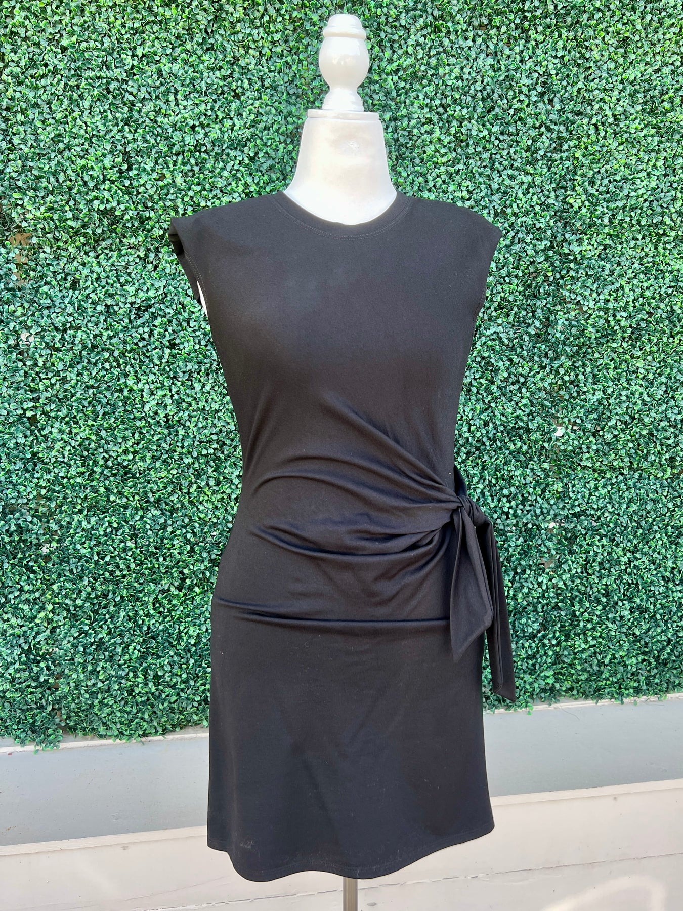 Ponte Knit Side Tie Black Dress