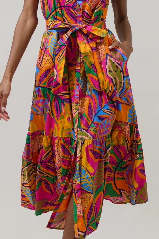 Ruffle Jungle Print Midi Dress pockets cotton colorful resort wear 