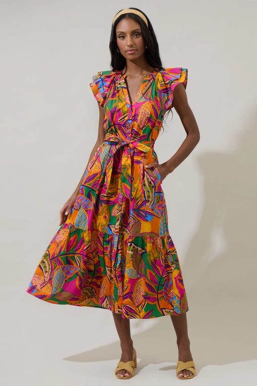 Ruffle Sleeves Jungle Print Midi Dress pockets cotton colorful resort wear 
