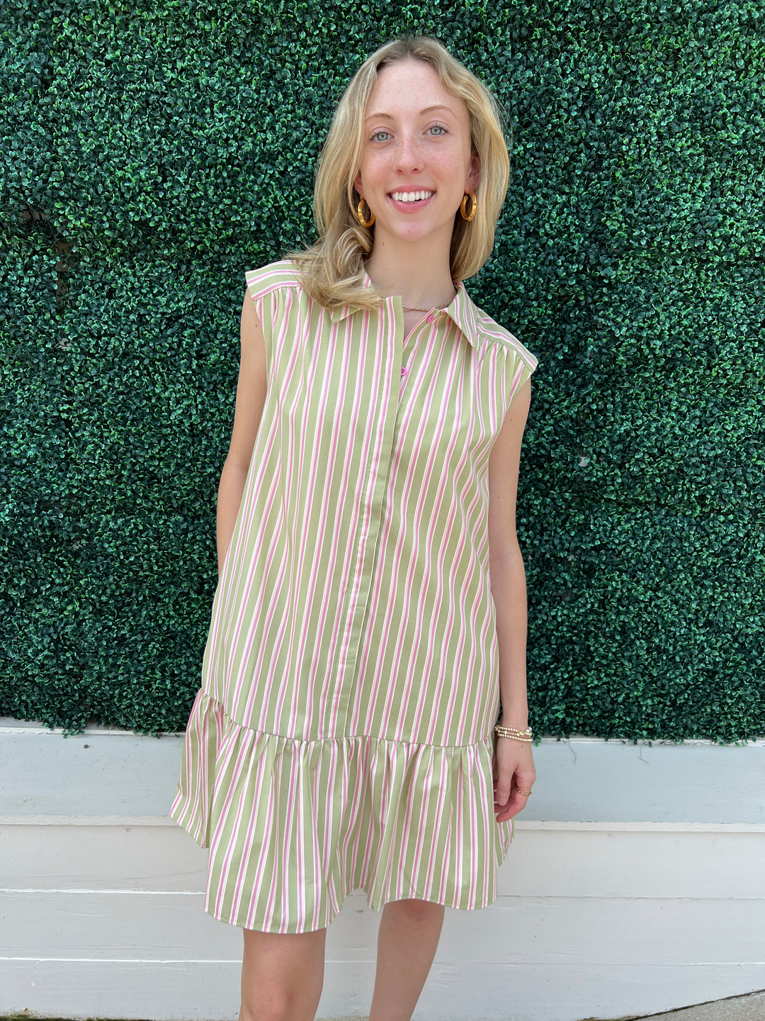 Sage & Blush Stripe Shirt Dress
